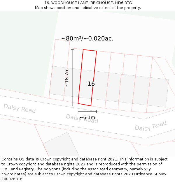 16, WOODHOUSE LANE, BRIGHOUSE, HD6 3TG: Plot and title map