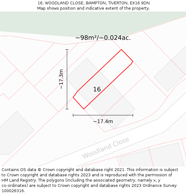 16, WOODLAND CLOSE, BAMPTON, TIVERTON, EX16 9DN: Plot and title map