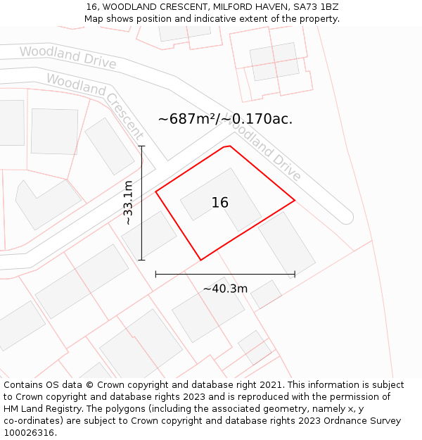 16, WOODLAND CRESCENT, MILFORD HAVEN, SA73 1BZ: Plot and title map