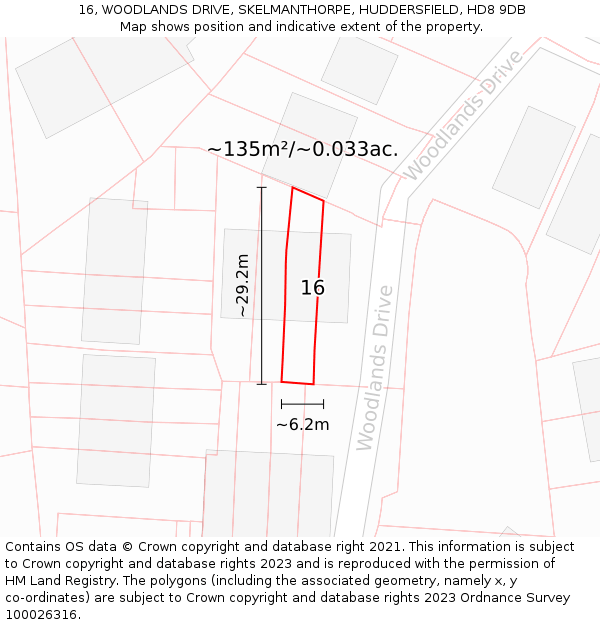 16, WOODLANDS DRIVE, SKELMANTHORPE, HUDDERSFIELD, HD8 9DB: Plot and title map