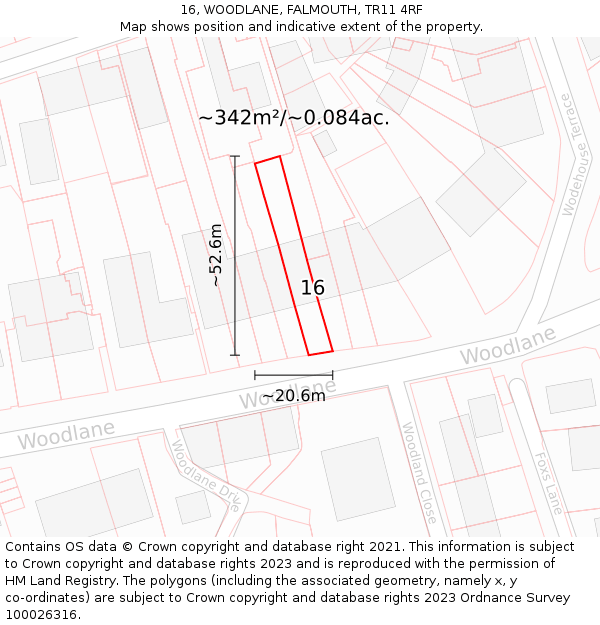 16, WOODLANE, FALMOUTH, TR11 4RF: Plot and title map