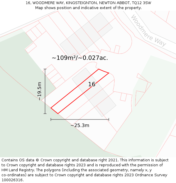 16, WOODMERE WAY, KINGSTEIGNTON, NEWTON ABBOT, TQ12 3SW: Plot and title map