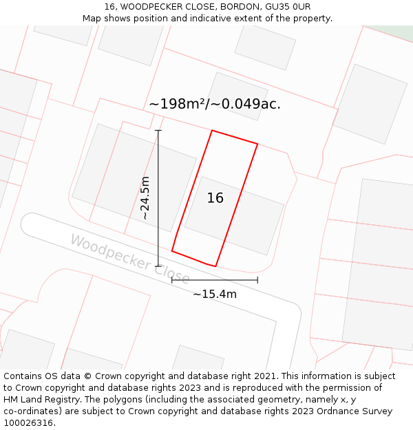 16, WOODPECKER CLOSE, BORDON, GU35 0UR: Plot and title map