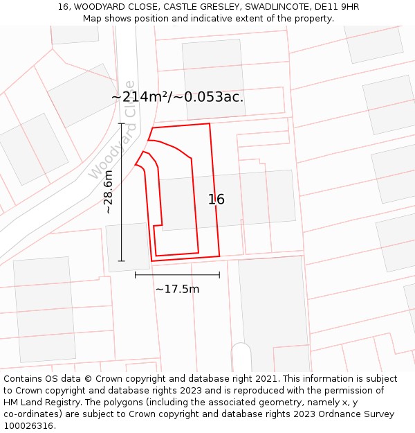 16, WOODYARD CLOSE, CASTLE GRESLEY, SWADLINCOTE, DE11 9HR: Plot and title map
