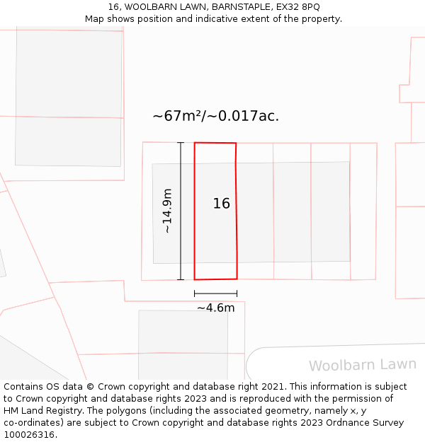 16, WOOLBARN LAWN, BARNSTAPLE, EX32 8PQ: Plot and title map