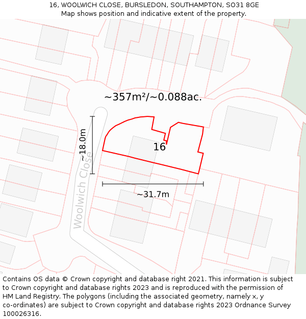 16, WOOLWICH CLOSE, BURSLEDON, SOUTHAMPTON, SO31 8GE: Plot and title map