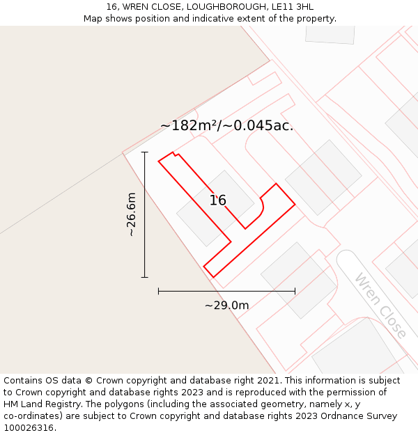 16, WREN CLOSE, LOUGHBOROUGH, LE11 3HL: Plot and title map