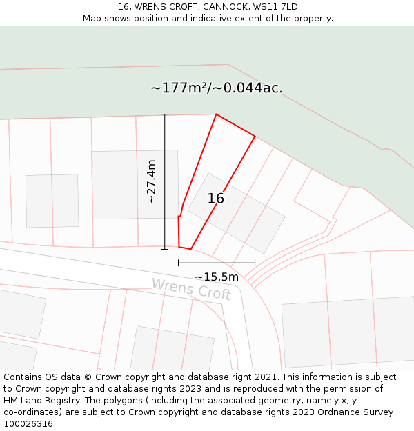 16, WRENS CROFT, CANNOCK, WS11 7LD: Plot and title map