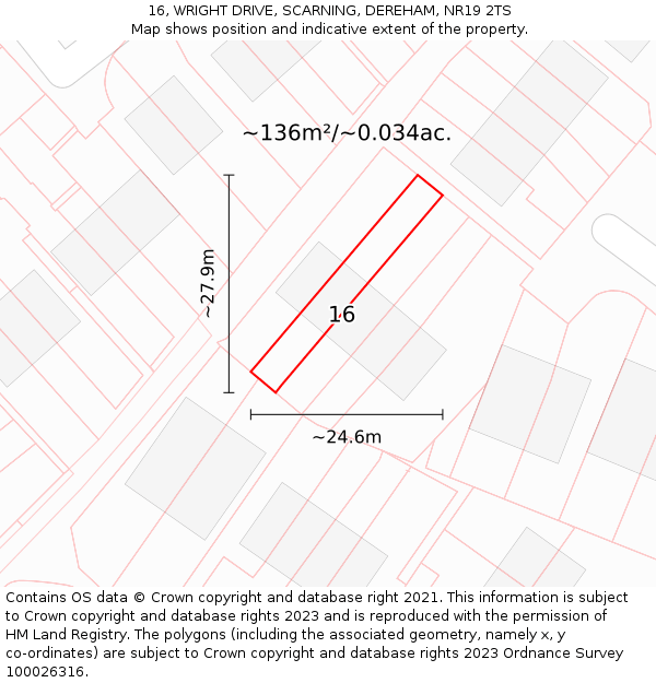 16, WRIGHT DRIVE, SCARNING, DEREHAM, NR19 2TS: Plot and title map