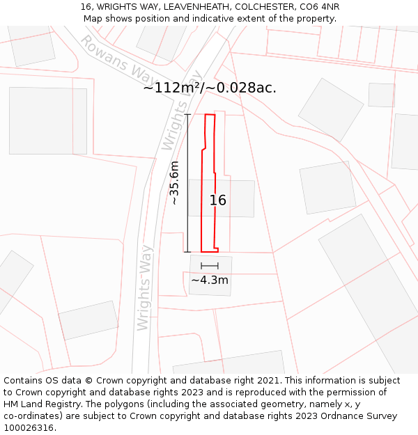 16, WRIGHTS WAY, LEAVENHEATH, COLCHESTER, CO6 4NR: Plot and title map