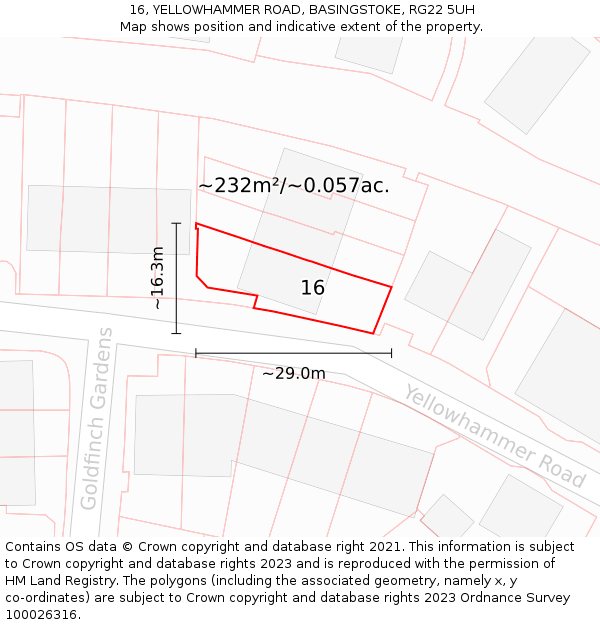 16, YELLOWHAMMER ROAD, BASINGSTOKE, RG22 5UH: Plot and title map
