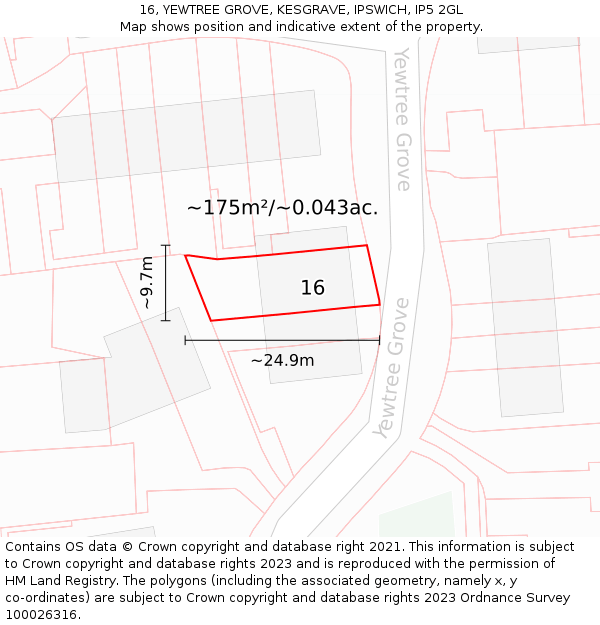 16, YEWTREE GROVE, KESGRAVE, IPSWICH, IP5 2GL: Plot and title map