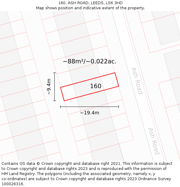 160, ASH ROAD, LEEDS, LS6 3HD: Plot and title map