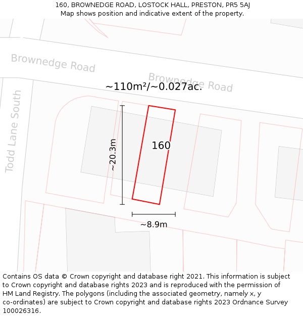 160, BROWNEDGE ROAD, LOSTOCK HALL, PRESTON, PR5 5AJ: Plot and title map