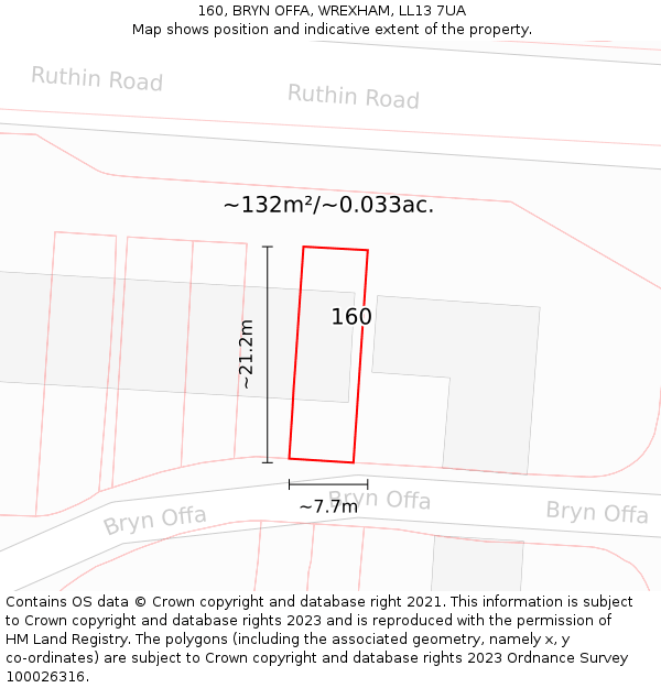 160, BRYN OFFA, WREXHAM, LL13 7UA: Plot and title map