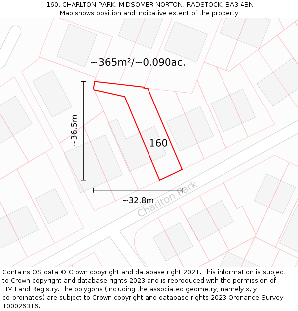 160, CHARLTON PARK, MIDSOMER NORTON, RADSTOCK, BA3 4BN: Plot and title map