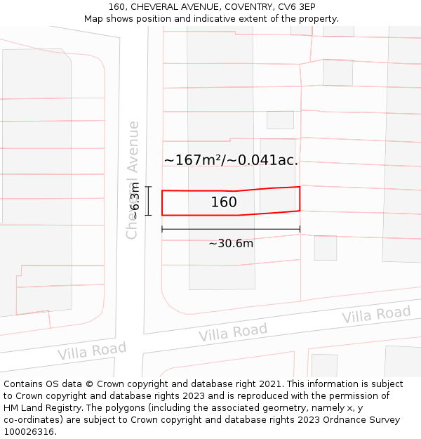 160, CHEVERAL AVENUE, COVENTRY, CV6 3EP: Plot and title map