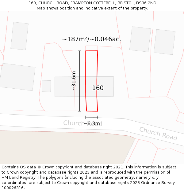 160, CHURCH ROAD, FRAMPTON COTTERELL, BRISTOL, BS36 2ND: Plot and title map