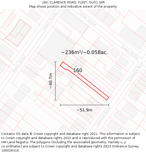 160, CLARENCE ROAD, FLEET, GU51 3XR: Plot and title map