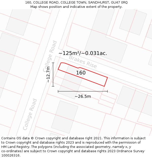 160, COLLEGE ROAD, COLLEGE TOWN, SANDHURST, GU47 0RQ: Plot and title map
