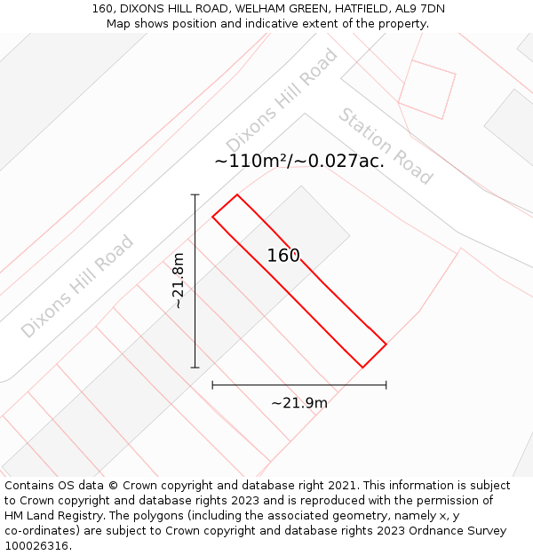 160, DIXONS HILL ROAD, WELHAM GREEN, HATFIELD, AL9 7DN: Plot and title map