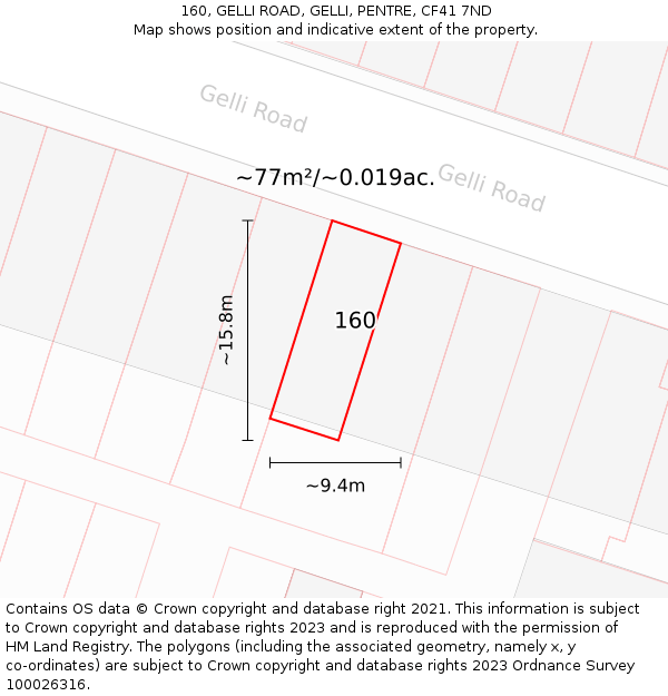 160, GELLI ROAD, GELLI, PENTRE, CF41 7ND: Plot and title map