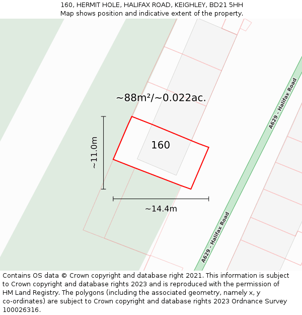 160, HERMIT HOLE, HALIFAX ROAD, KEIGHLEY, BD21 5HH: Plot and title map