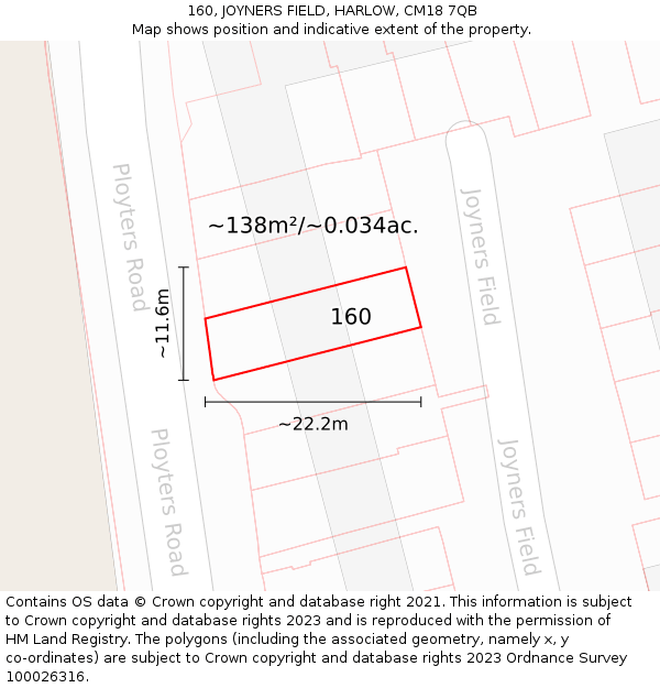 160, JOYNERS FIELD, HARLOW, CM18 7QB: Plot and title map