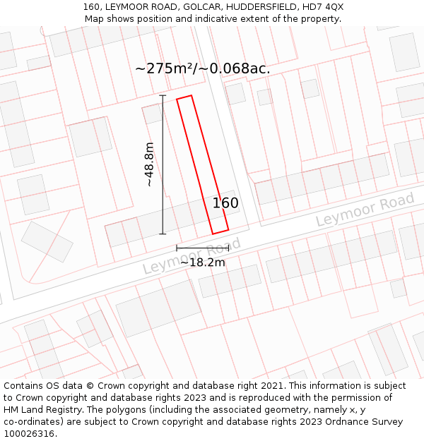 160, LEYMOOR ROAD, GOLCAR, HUDDERSFIELD, HD7 4QX: Plot and title map