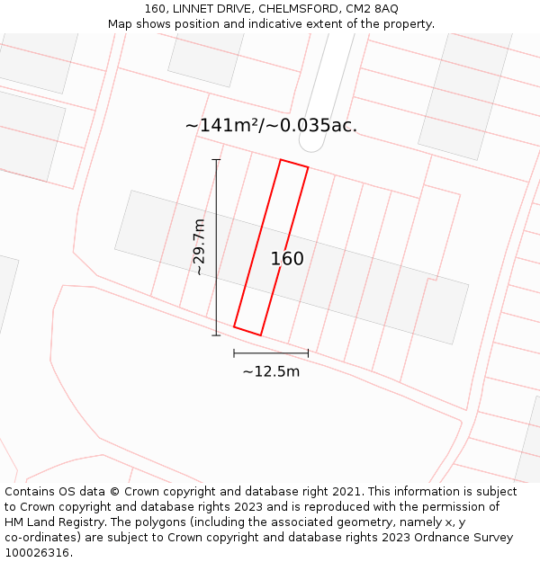 160, LINNET DRIVE, CHELMSFORD, CM2 8AQ: Plot and title map