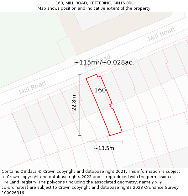 160, MILL ROAD, KETTERING, NN16 0RL: Plot and title map
