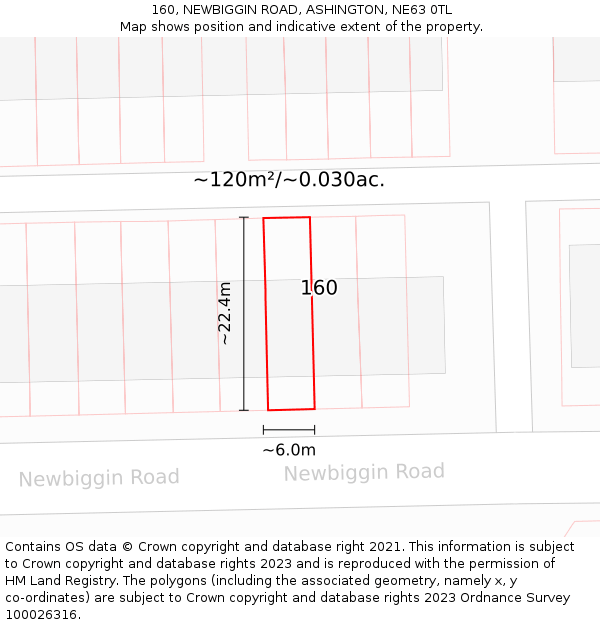 160, NEWBIGGIN ROAD, ASHINGTON, NE63 0TL: Plot and title map