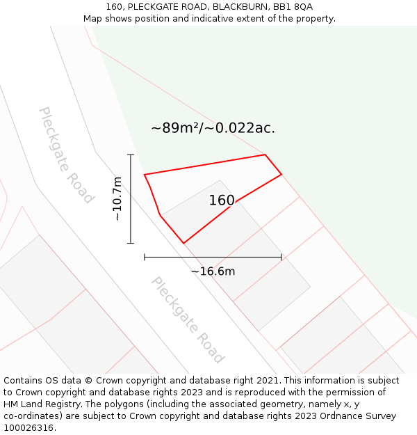 160, PLECKGATE ROAD, BLACKBURN, BB1 8QA: Plot and title map