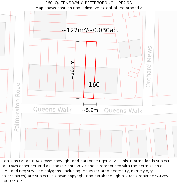160, QUEENS WALK, PETERBOROUGH, PE2 9AJ: Plot and title map
