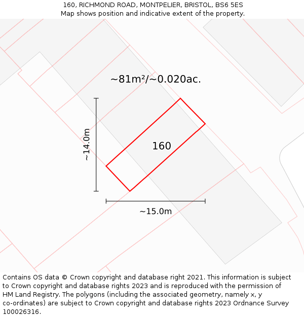 160, RICHMOND ROAD, MONTPELIER, BRISTOL, BS6 5ES: Plot and title map