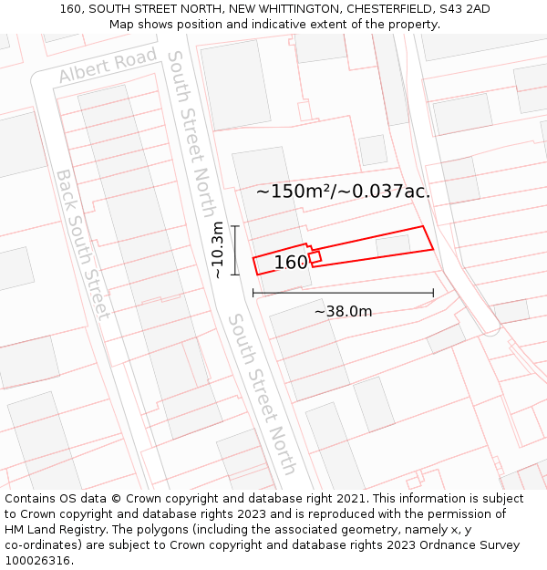 160, SOUTH STREET NORTH, NEW WHITTINGTON, CHESTERFIELD, S43 2AD: Plot and title map
