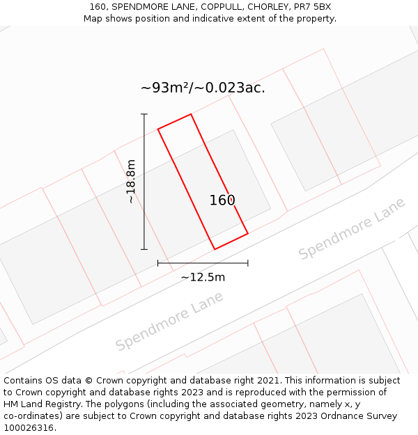 160, SPENDMORE LANE, COPPULL, CHORLEY, PR7 5BX: Plot and title map