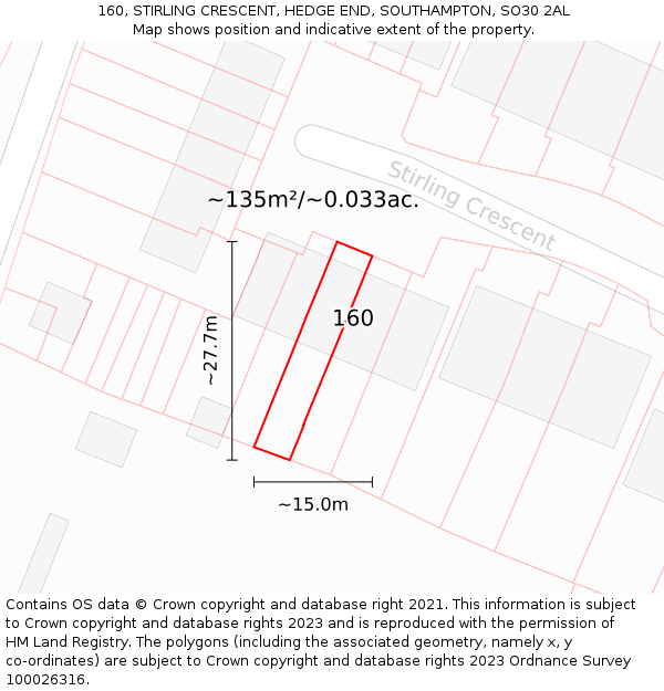 160, STIRLING CRESCENT, HEDGE END, SOUTHAMPTON, SO30 2AL: Plot and title map