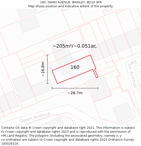 160, SWAN AVENUE, BINGLEY, BD16 3PA: Plot and title map