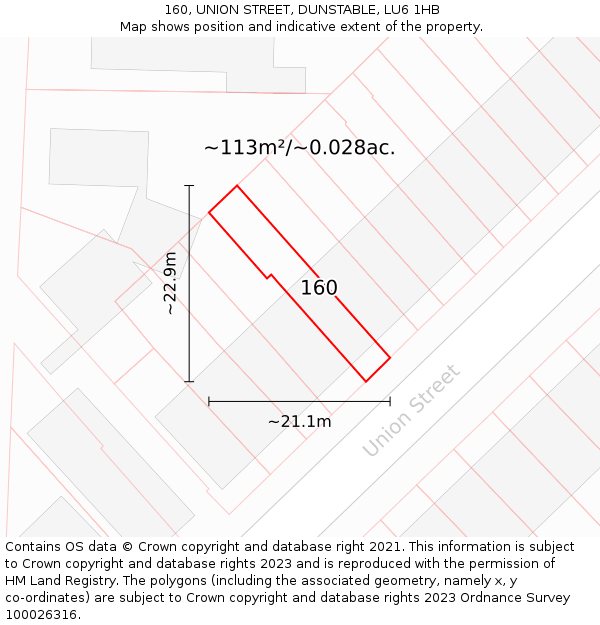 160, UNION STREET, DUNSTABLE, LU6 1HB: Plot and title map