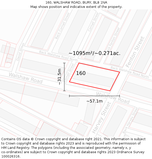 160, WALSHAW ROAD, BURY, BL8 1NA: Plot and title map