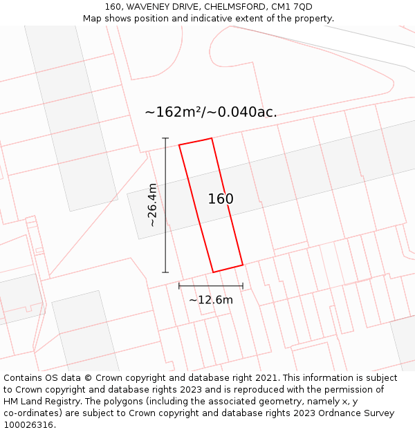 160, WAVENEY DRIVE, CHELMSFORD, CM1 7QD: Plot and title map