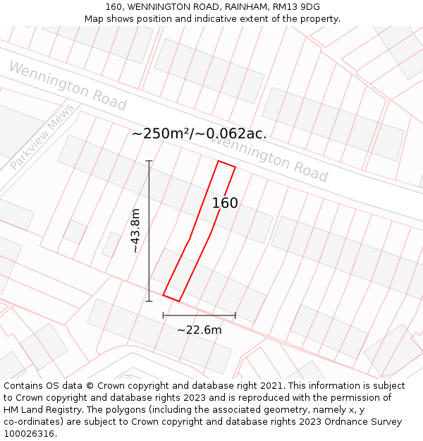 160, WENNINGTON ROAD, RAINHAM, RM13 9DG: Plot and title map