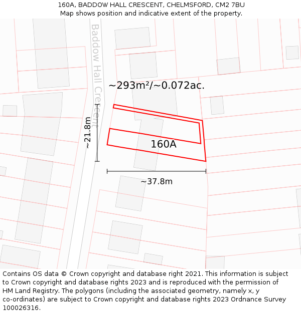 160A, BADDOW HALL CRESCENT, CHELMSFORD, CM2 7BU: Plot and title map