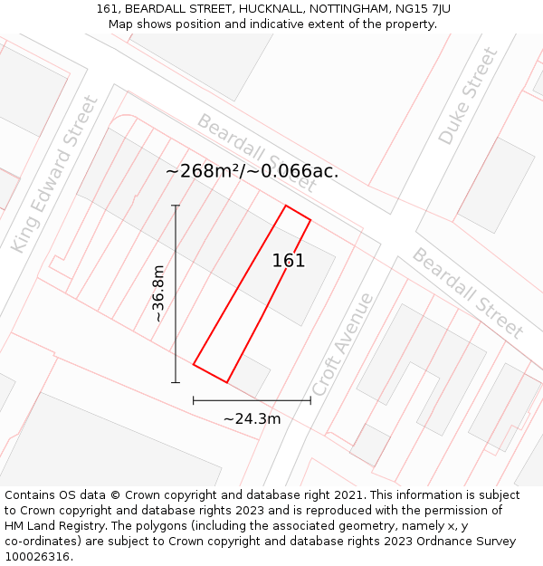161, BEARDALL STREET, HUCKNALL, NOTTINGHAM, NG15 7JU: Plot and title map