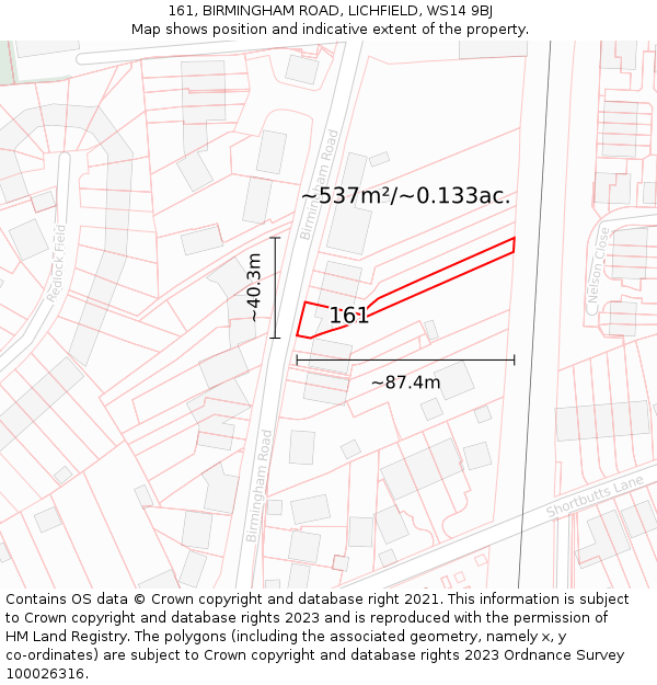 161, BIRMINGHAM ROAD, LICHFIELD, WS14 9BJ: Plot and title map