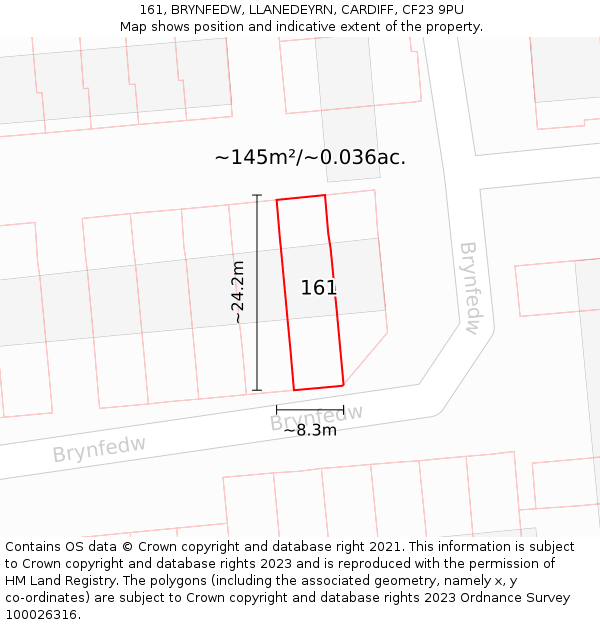 161, BRYNFEDW, LLANEDEYRN, CARDIFF, CF23 9PU: Plot and title map