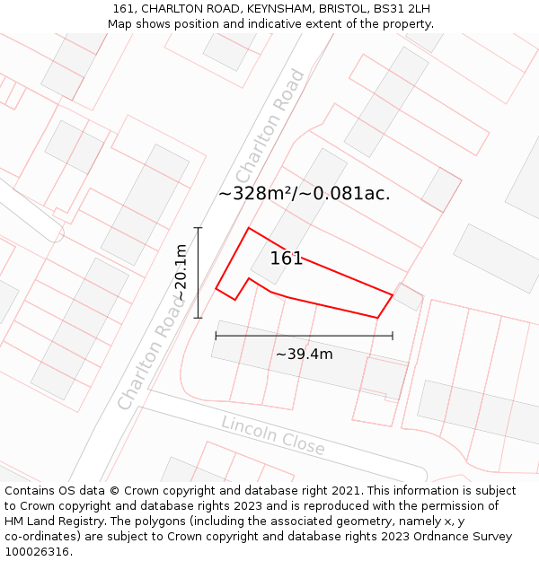 161, CHARLTON ROAD, KEYNSHAM, BRISTOL, BS31 2LH: Plot and title map