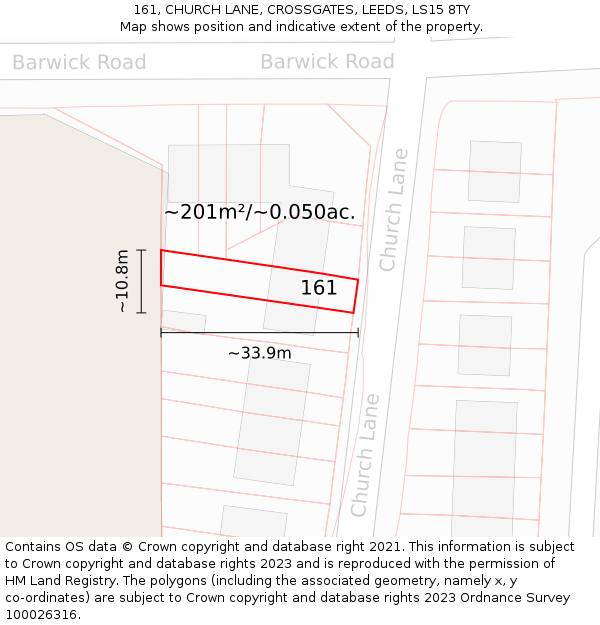 161, CHURCH LANE, CROSSGATES, LEEDS, LS15 8TY: Plot and title map