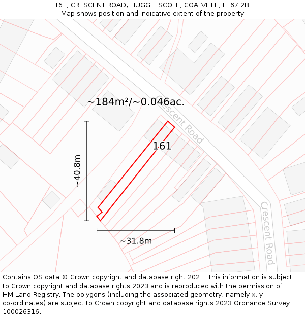 161, CRESCENT ROAD, HUGGLESCOTE, COALVILLE, LE67 2BF: Plot and title map